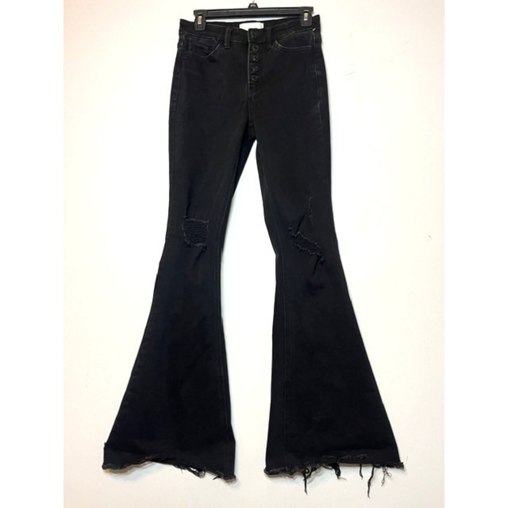 Vervet Blue Black Distressed High Rise Flare Jeans Groovy Button Fly Size 27
